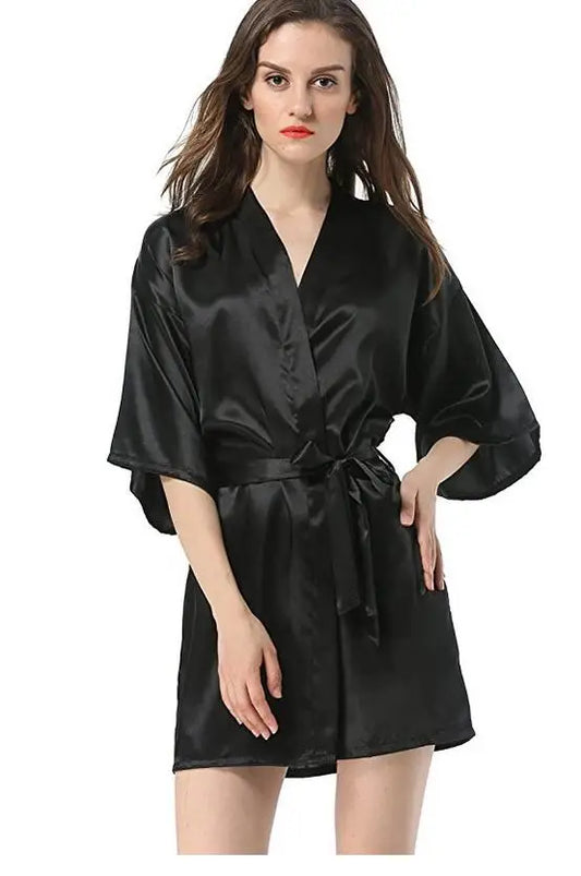 New Black Chinese Women's Faux Silk Robe Bath Gown Hot Sale Kimono Yukata Bathrobe Solid Color Sleepwear S M L XL XXL NB032 - Dhavinci