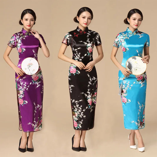 Floral&Peacock Women Traditional Chinese Dress Vintage Mandarin Collar Qipao Oversize Long Slim Cheongsam 3XL 4XL 5XL 6XL - Dhavinci