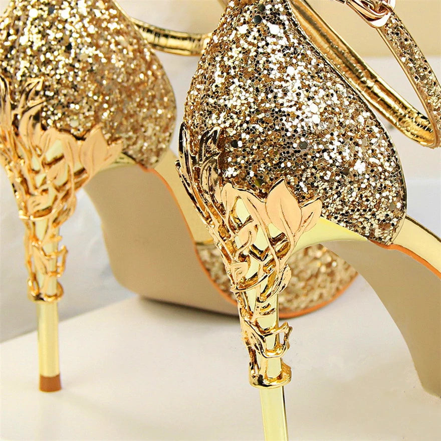 Bling Buckle Sandals | Gold Sequined High Heels for Women - Dhavinci