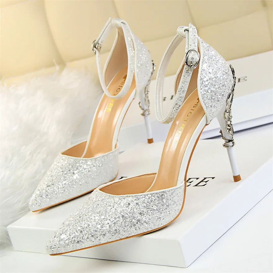 Bling Buckle Sandals | Gold Sequined High Heels for Women - Dhavinci