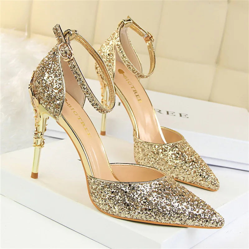 Bling Buckle Sandals | Gold Sequined High Heels for Women - Dhavinci