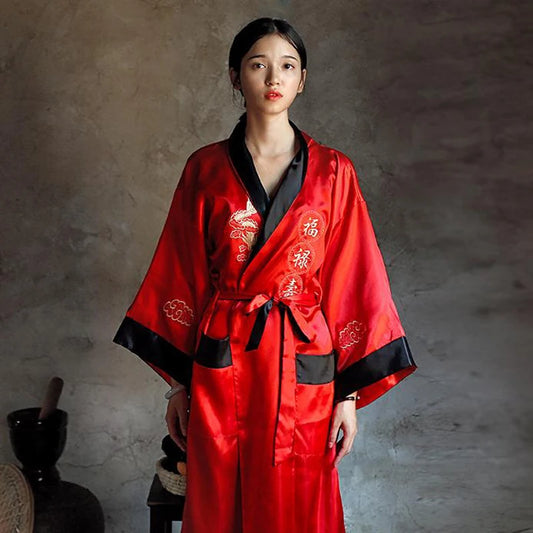 Novelty Reversible Black Red Women Kimono Yukata Satin Embroidery Dragon Nightgown One Size Robe Gown Two Side Sleepwear - Dhavinci