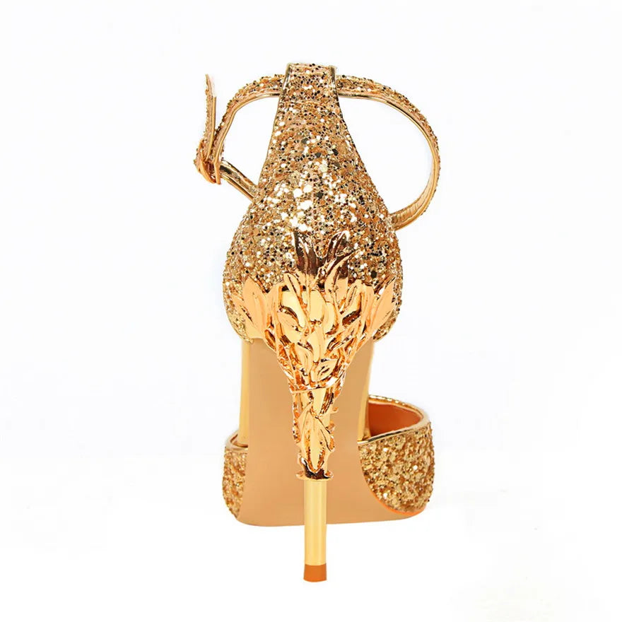 Bling Buckle Sandals | Gold Sequined High Heels for Women - Dhavinci