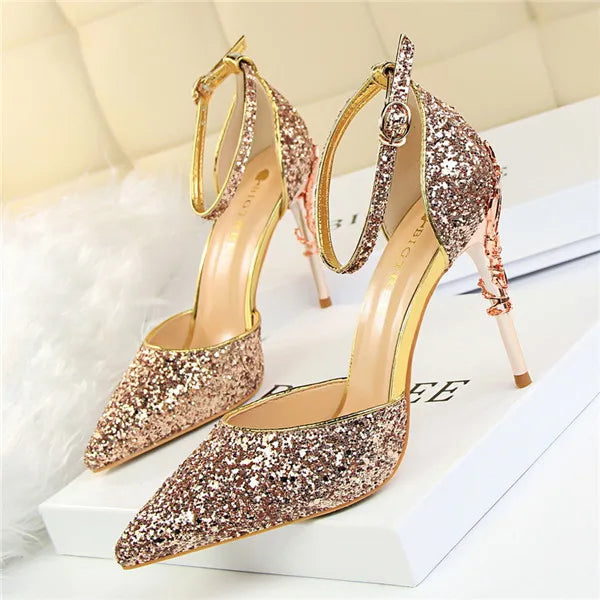 Bling Buckle Sandals | Gold Sequined High Heels for Women - Dhavinci