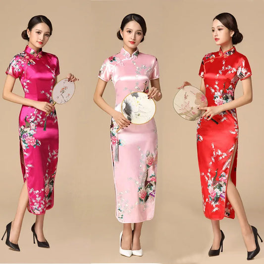 Floral&Peacock Women Traditional Chinese Dress Vintage Mandarin Collar Qipao Oversize Long Slim Cheongsam 3XL 4XL 5XL 6XL - Dhavinci