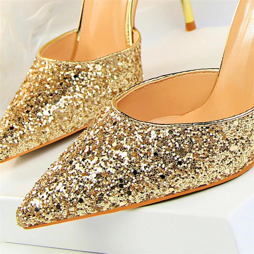 Bling Buckle Sandals | Gold Sequined High Heels for Women - Dhavinci