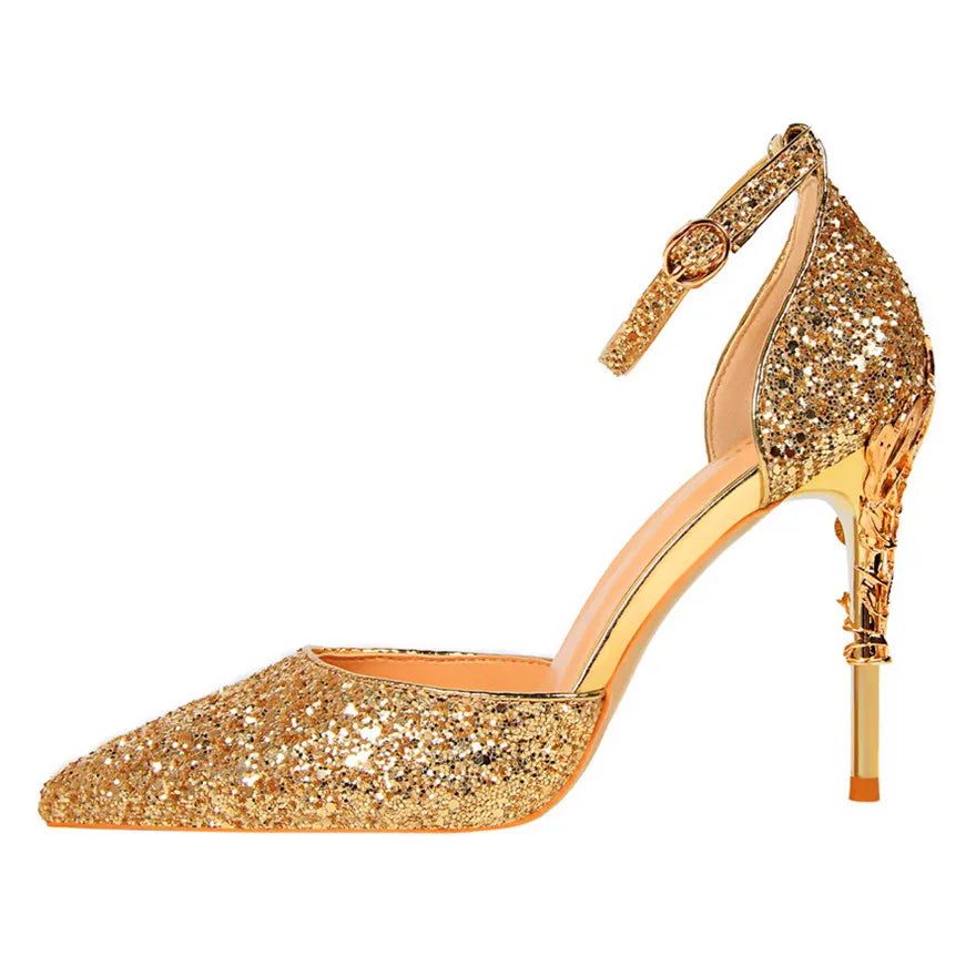 Bling Buckle Sandals | Gold Sequined High Heels for Women - Dhavinci