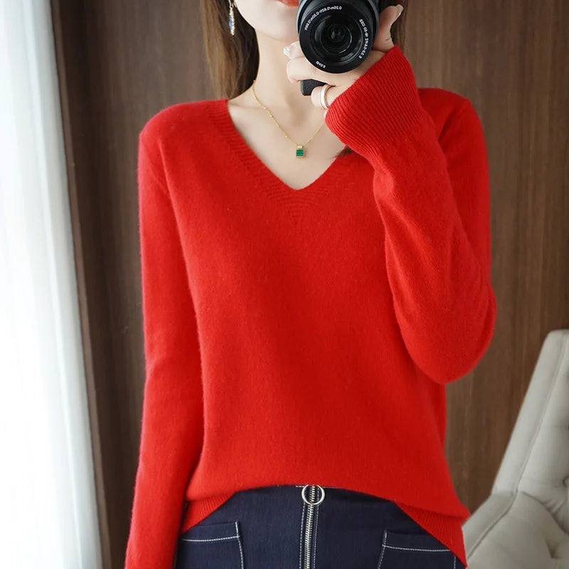 Spring & Autumn Cashmere Sweater for Women | Sexy V-Neck Pullover Top - Dhavinci