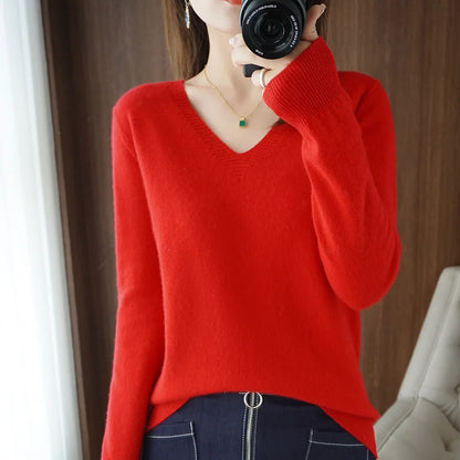 Spring & Autumn Cashmere Sweater for Women | Sexy V-Neck Pullover Top - Dhavinci