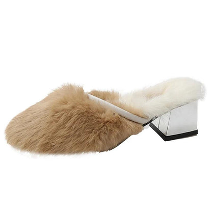 Comfortable Soft Fur Mules Slippers for Women | High Heel Faux Fur Slides - Dhavinci