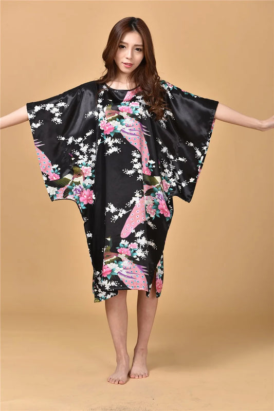 Black Ladies Robe Summer Casual Pajamas Chinese Women Rayon Sleepwear Kimono Bath Gown Nightgown Kaftan Yukata One Size M03 - Dhavinci