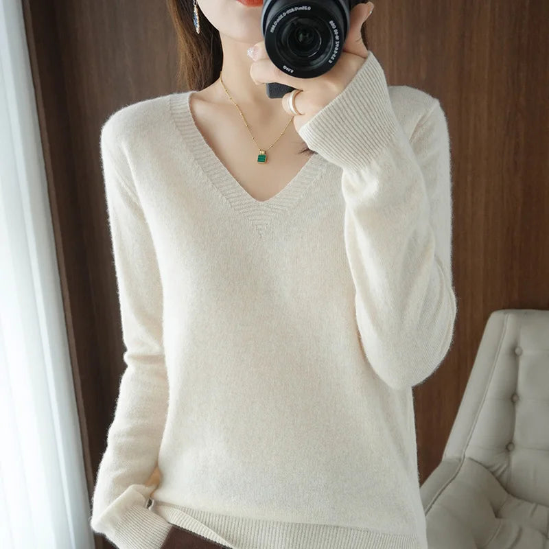 Spring & Autumn Cashmere Sweater for Women | Sexy V-Neck Pullover Top - Dhavinci