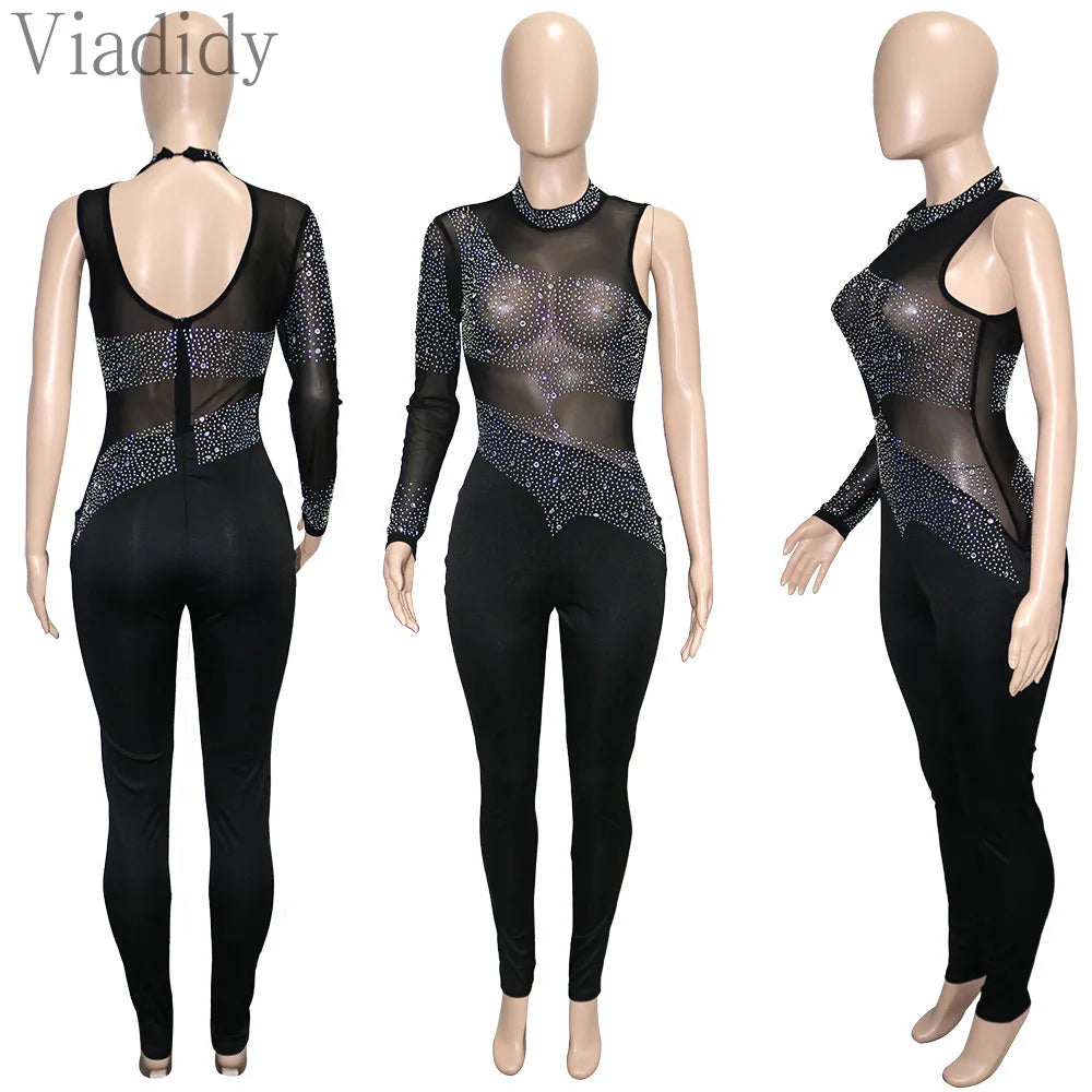 Sexy One Shoulder Rhinestone Mesh Jumpsuit for Women | Skinny Lace - Dhavinci