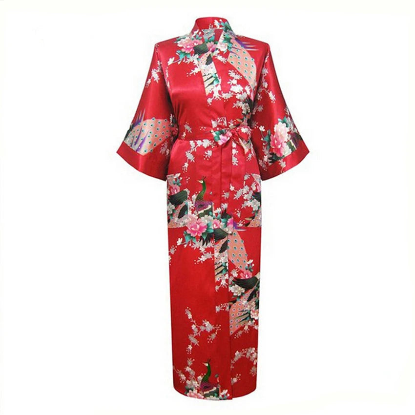 Sexy Bride Bridesmaid Wedding Dressing Woman Japanese Kimono Dress Peacock Print Satin Silk Yukata Bathing Robe Nightgown - Dhavinci