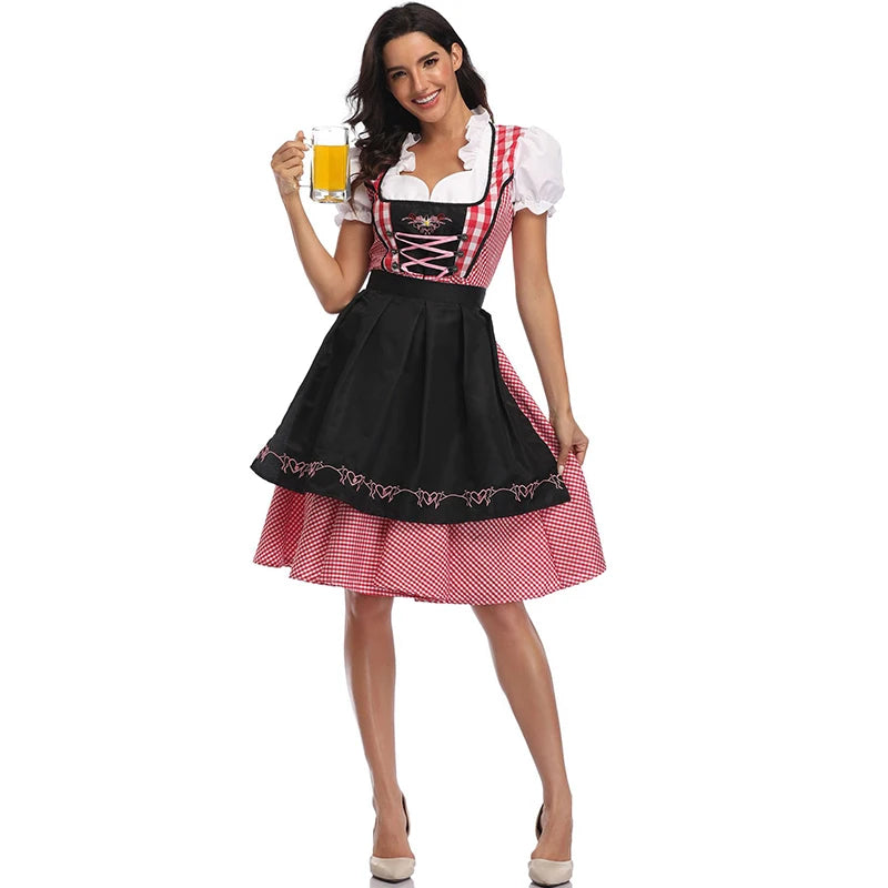 The New Lady Dirndl Oktoberfest Costume Bavarian National Pink Plaid Clubwear Cosplay Carnival Halloween Fancy Party Dress - Dhavinci