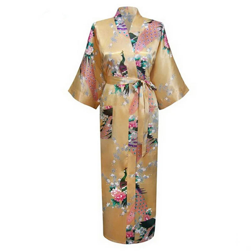 Sexy Bride Bridesmaid Wedding Dressing Woman Japanese Kimono Dress Peacock Print Satin Silk Yukata Bathing Robe Nightgown - Dhavinci