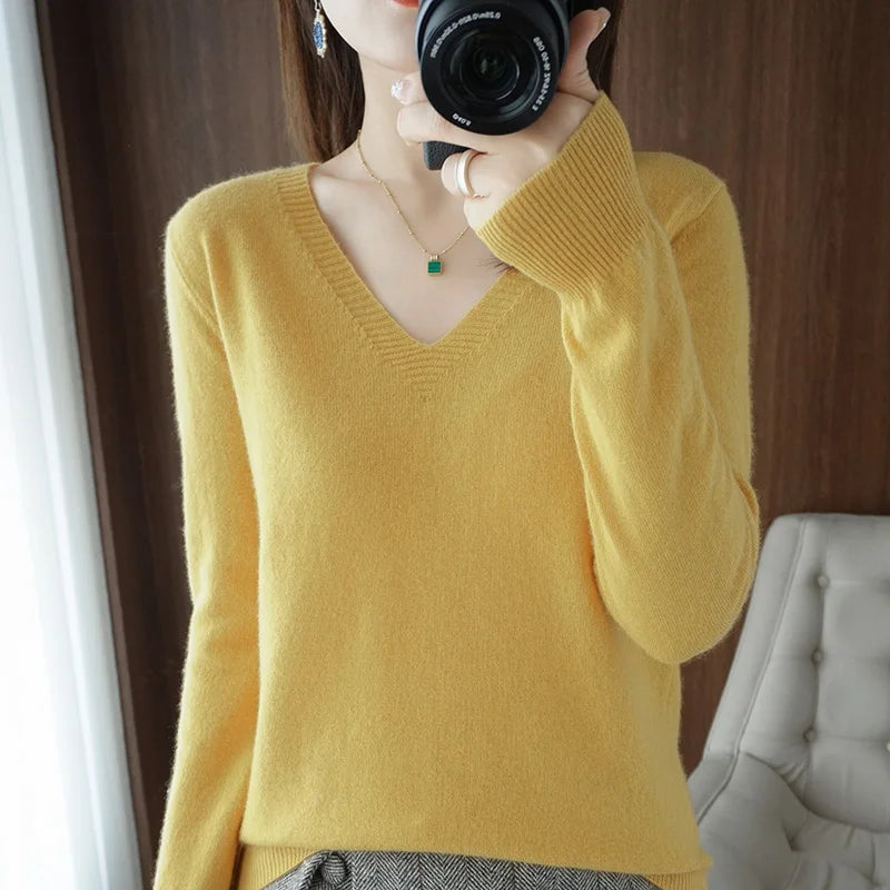 Spring & Autumn Cashmere Sweater for Women | Sexy V-Neck Pullover Top - Dhavinci