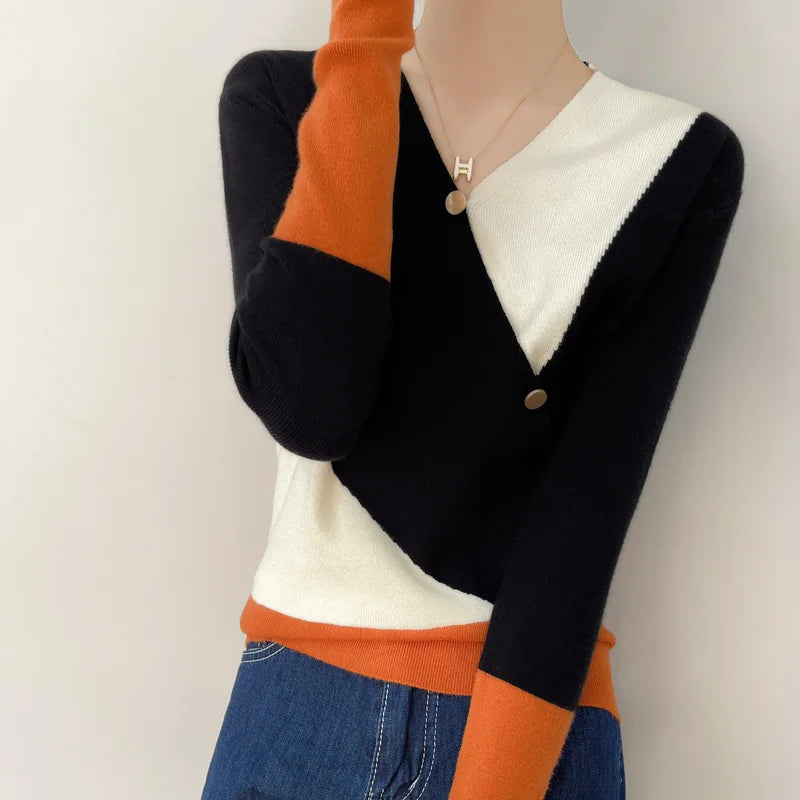 Women's Colorblock Cashmere Sweater | Casual Knitwear Pullover - Dhavinci