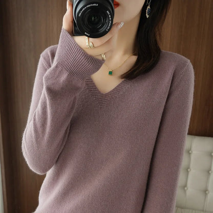 Spring & Autumn Cashmere Sweater for Women | Sexy V-Neck Pullover Top - Dhavinci