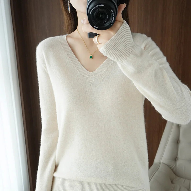 Spring & Autumn Cashmere Sweater for Women | Sexy V-Neck Pullover Top - Dhavinci