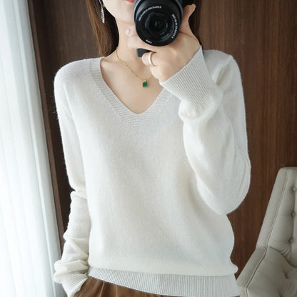 Spring & Autumn Cashmere Sweater for Women | Sexy V-Neck Pullover Top - Dhavinci