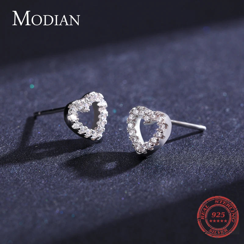 Modian Authentic 925 Sterling Silver Stud Earrings for Women Romantic Heart Earrings Shiny Clear CZ Wedding Engagement Jewelry - Dhavinci