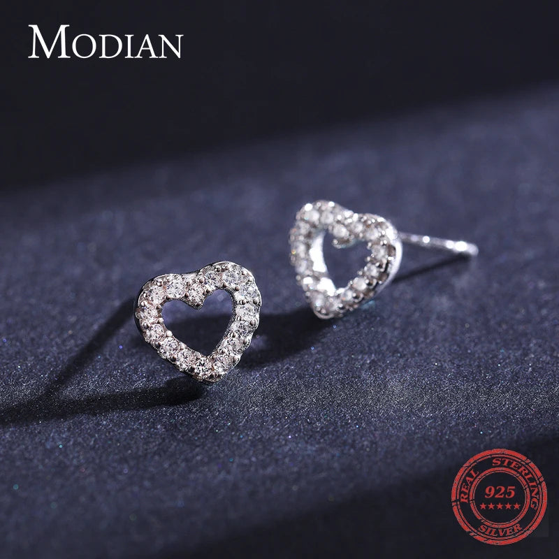 Modian Authentic 925 Sterling Silver Stud Earrings for Women Romantic Heart Earrings Shiny Clear CZ Wedding Engagement Jewelry - Dhavinci