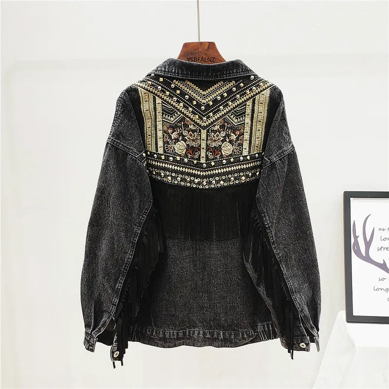 Denim Jacket Korean Floral Embroidery Suede Fringe Loose Chaquetas Mujer Coat Long Sleeve Outerwear Women Veste Femme - Dhavinci