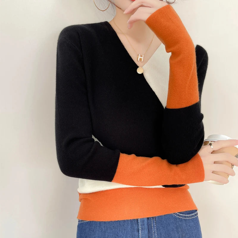 Women's Colorblock Cashmere Sweater | Casual Knitwear Pullover - Dhavinci