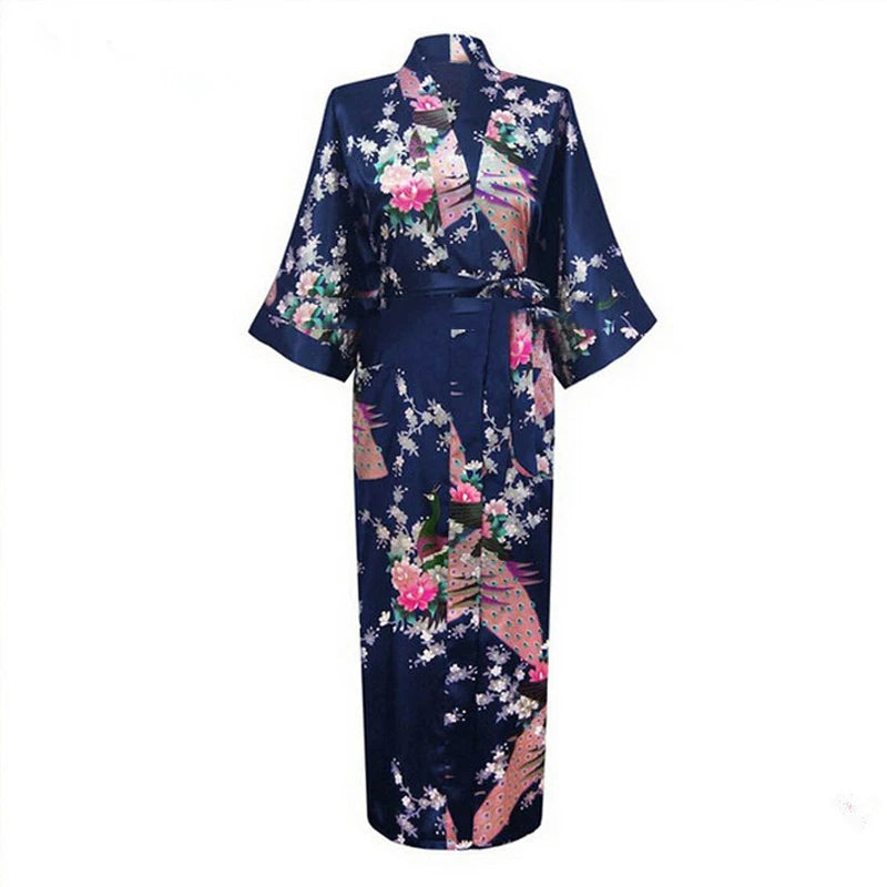 Sexy Bride Bridesmaid Wedding Dressing Woman Japanese Kimono Dress Peacock Print Satin Silk Yukata Bathing Robe Nightgown - Dhavinci