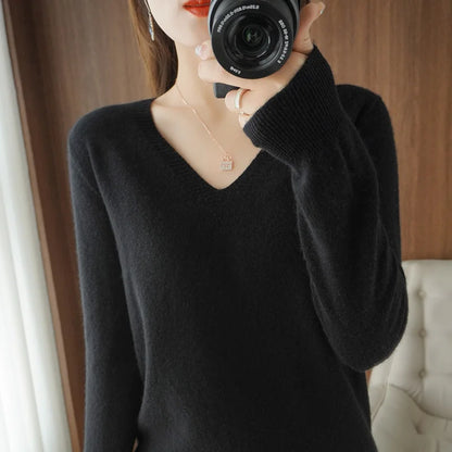 Spring & Autumn Cashmere Sweater for Women | Sexy V-Neck Pullover Top - Dhavinci