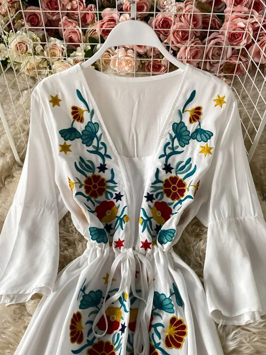 Embroidery Ethnic Style Women Dresses V-Neck Flare Sleeve High Waist Slim Beach Dress Fashion A-Line Big Swing Ladies Dress - Dhavinci