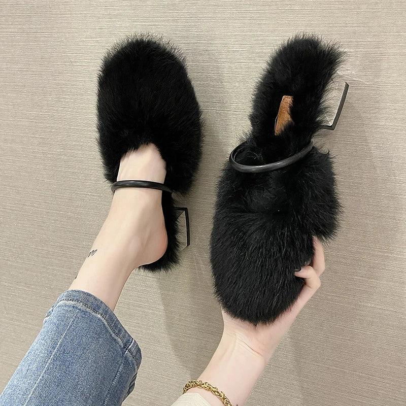 Comfortable Soft Fur Mules Slippers for Women | High Heel Faux Fur Slides - Dhavinci