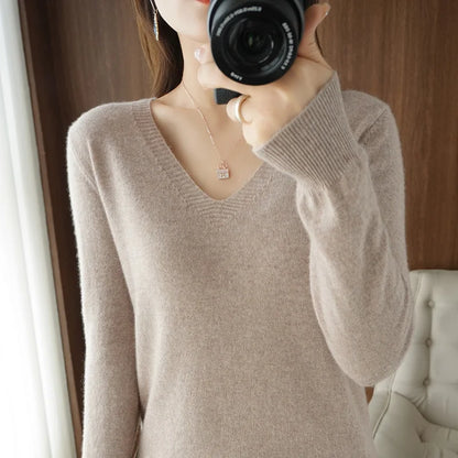 Spring & Autumn Cashmere Sweater for Women | Sexy V-Neck Pullover Top - Dhavinci