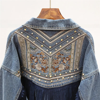 Denim Jacket Korean Floral Embroidery Suede Fringe Loose Chaquetas Mujer Coat Long Sleeve Outerwear Women Veste Femme - Dhavinci