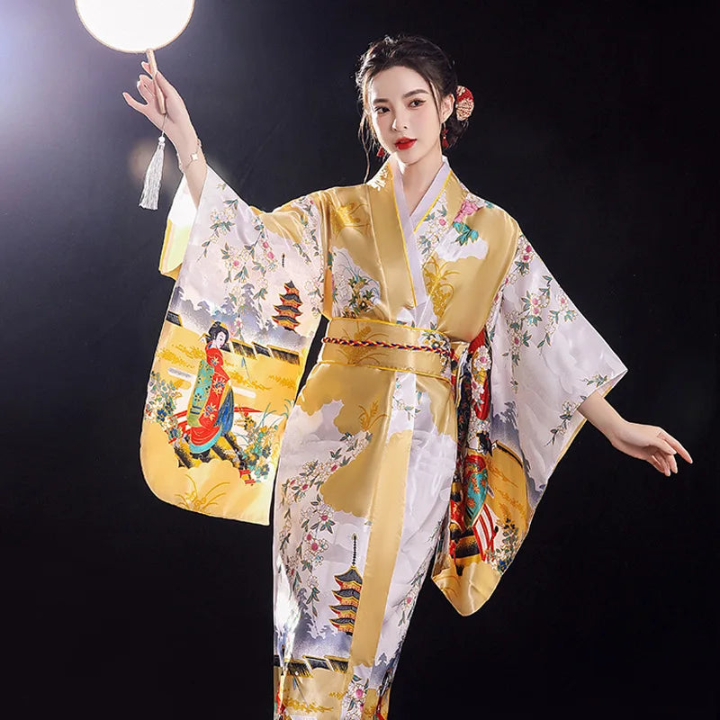 Japanese Traditional Yukata Kimono With Obi Vintage Women Evening Dress Geisha Kimono Vintage Women Stage Show Costume Cosplay - Dhavinci