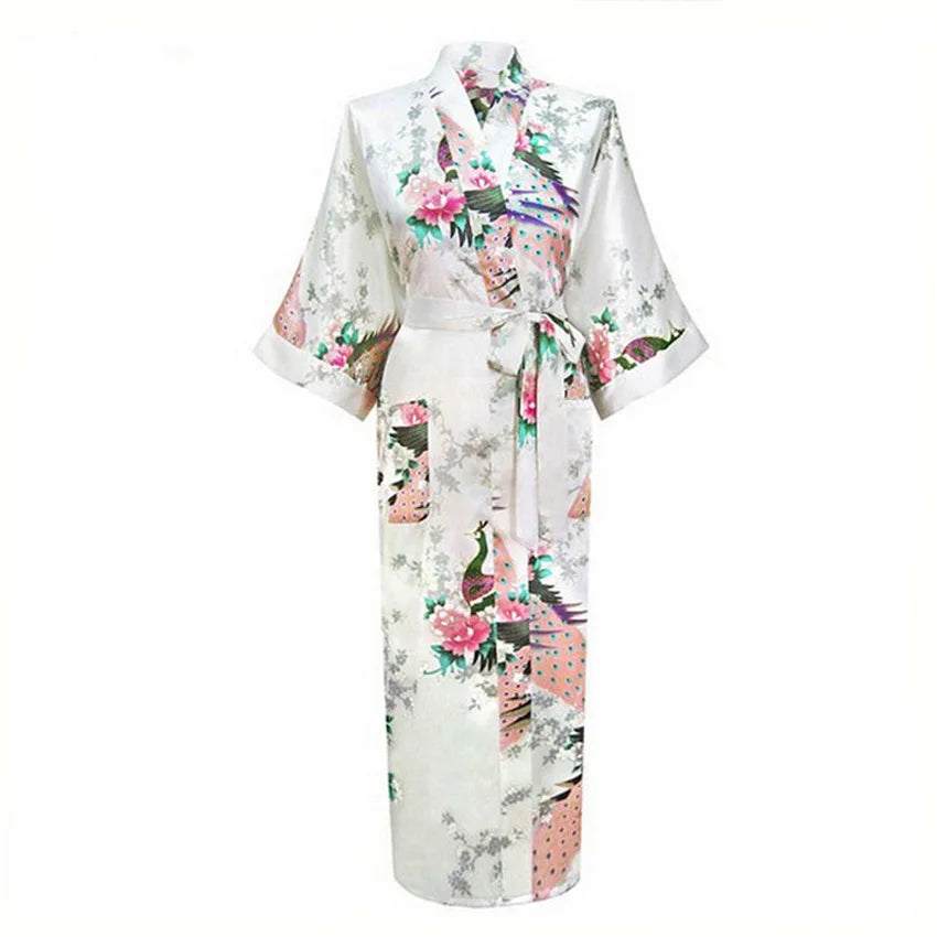 Sexy Bride Bridesmaid Wedding Dressing Woman Japanese Kimono Dress Peacock Print Satin Silk Yukata Bathing Robe Nightgown - Dhavinci