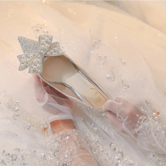 Luxury Crystal Bridal Heels – Shiny Pearl Bow Wedding Shoes - Dhavinci