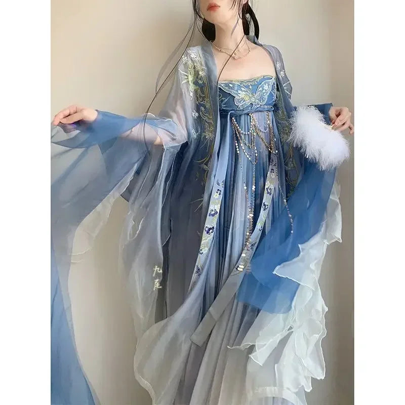 Blue women's embroidery Hanfu Chinese traditional style round neck robe girl spring and summer new adult performance gown - Dhavinci