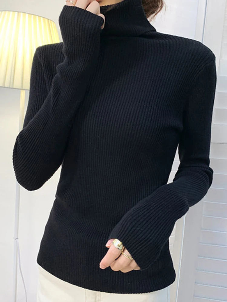 ZOKI New 2023 Women Pullover Turtleneck Sweater Autumn Long Sleeve Slim Elastic Korean Simple Basic Cheap Jumper Solid Color Top - Dhavinci