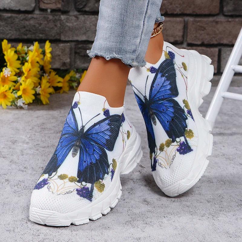 Butterfly Print Platform Sneakers for Women | Slip-On Breathable Casual Shoes - Dhavinci