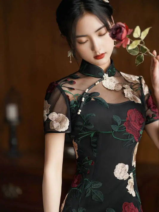 Black Lace Embroidered Flower Cheongsam Spring Summer New Retro Improved Young women's Clothing Women Elegant Daily Qipao - Dhavinci