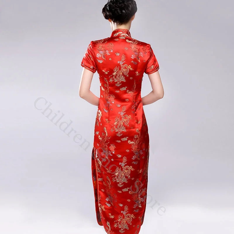 Chinese Style Dress Red Dragon Phoenix Qipao Women Elegant Cheongsams Short Sleeve Satin Vestidos Lady Summer Dresses Oversize - Dhavinci