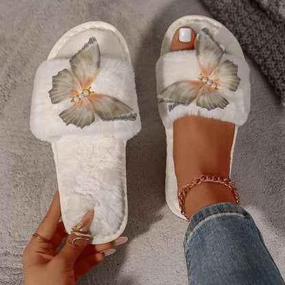 Fashion Butterfly Fur Slippers for Women | Warm Plush Winter Slides - Dhavinci