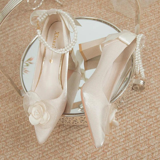 Elegant Bridal Shoes with Pearl Strap | High Heel Wedding Pumps - Dhavinci