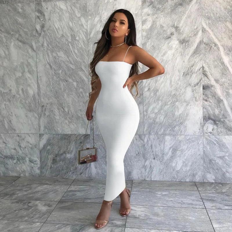 Solid White & Black Strap Midi Dress for Women | Sexy Bodycon Party Dress - Dhavinci