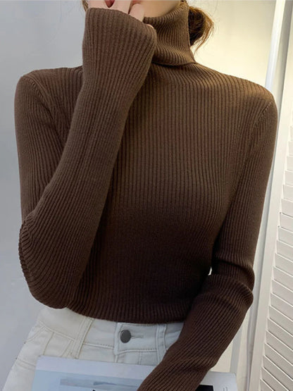 ZOKI New 2023 Women Pullover Turtleneck Sweater Autumn Long Sleeve Slim Elastic Korean Simple Basic Cheap Jumper Solid Color Top - Dhavinci