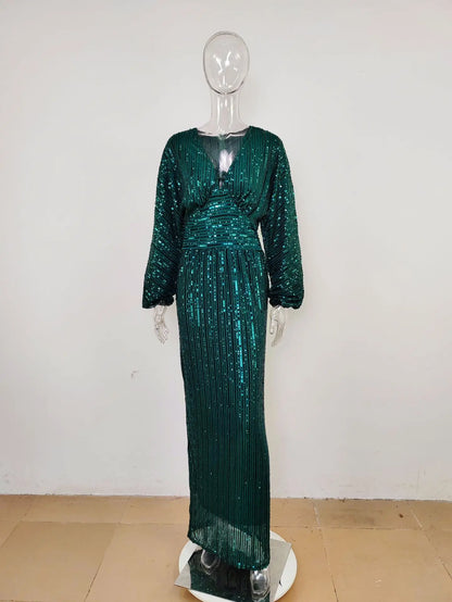 Elegant Shiny Evening Dress Women Party Long Gown Long Sleeve Sequins Even Robe Femme Bridesmaid Wedding Celebrity - Dhavinci