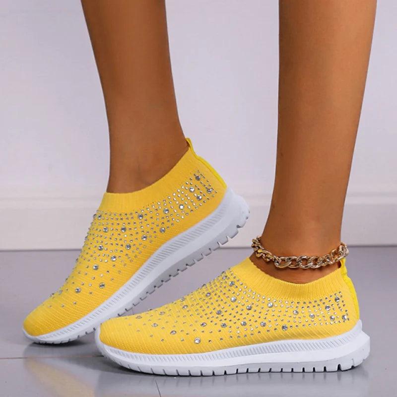 Shining Crystal Flats for Women | Breathable Knit Platform Sneakers - Dhavinci