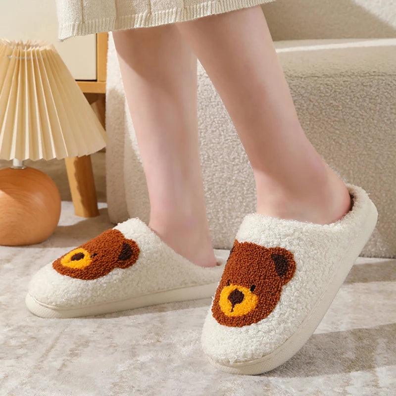 Cute Bear Print Winter Slippers for Women | Non-Slip Plush Cotton Slides - Dhavinci